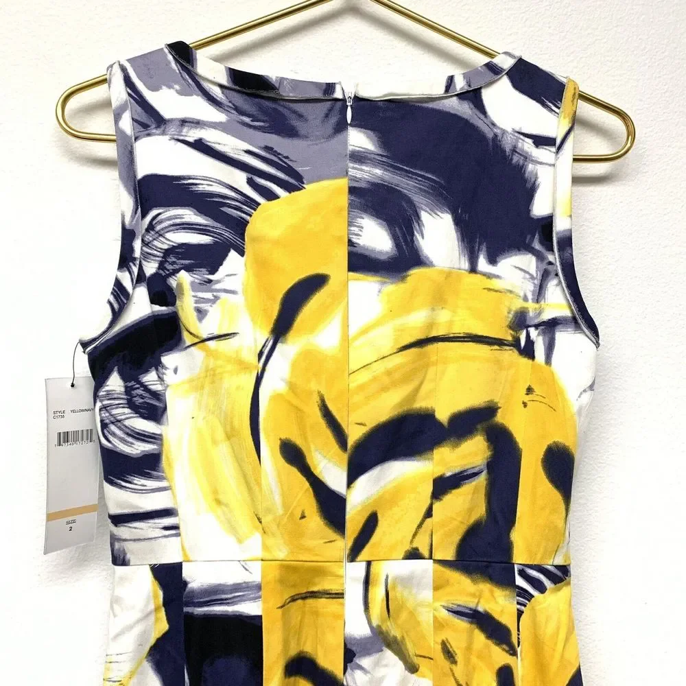 Chetta B Dress Womens Size 2 Fit & Flare Sleeveless Navy Blue Yellow Cotton NWT‎
